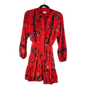 Gianni Bini Dress Womens X-Small Red Floral Tiered Long Sleeve V Neck Mini Boho